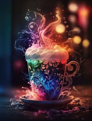 Caffeine Art: Cozy Cafe Interior with Beautiful Neon Watercolor Latte Art Created Using Generative Ai