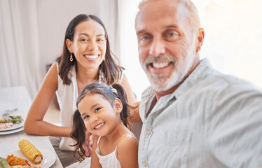 Selfie, family and generations with love and smile in portrait with grandfather, mother and child in picture. Meal time with food, care and bonding with happy family, diversity and relatives together