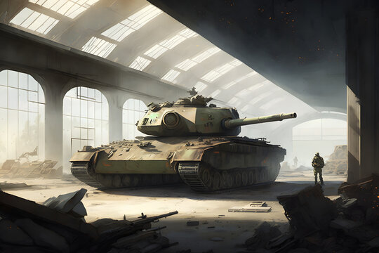 battle tank at a military base in a hangar, an industrial plant. Neural network AI generated art