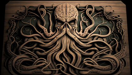 Wood engraving or carving of a Kraken or Cthulhu. Generative AI.