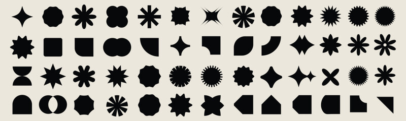 Brutalist abstract geometric shapes. Y2K Geometric design element shapes. Figures, stars, spiral flower and circles. Bauhaus memphis design geometric silhouette elements design. - obrazy, fototapety, plakaty