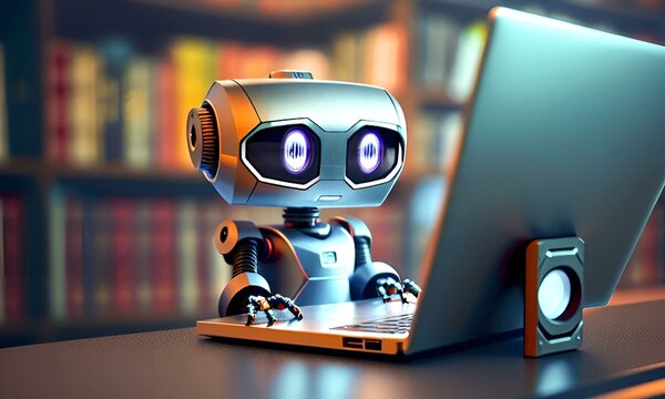  metal robot sits at a table with laptops in a library .ai Generated. The robot works with a laptop in the office.Working robot on the Internet. robot writes the program code. 