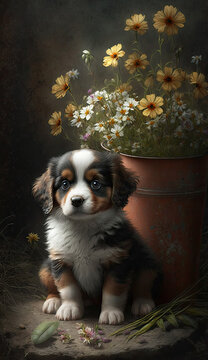 Photorealistic Painting of Puppy and Flowers Created Using Generative Ai