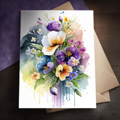 Generated photorealistic image of a spring card with violets