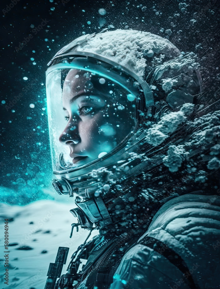 Wall mural space explorer braving the harshness of a frozen planet created using generative ai