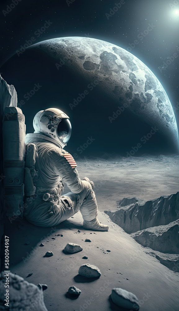 Poster esa astronaut watches earth from the moon's surface created using generative ai