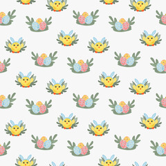 Fototapeta na wymiar Funny yellow chickens with Bunny Hears in different poses seamless pattern textile wrapping design