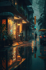 Twilight Reflections, Neon Lights and Rainy Streets in Hanoi Created Using Generative Ai