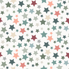 Colorful star seamless vector pattern. Pink, yellow, blue white background. Dense scattered stars backdrop. Celestial shapes repeat. For baby, wallpaper,wrapping, gender neutral.
