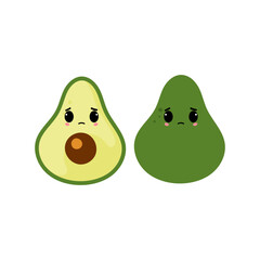 Upset avocado with kawaii emoji. Flat design vector illustration of avocado in white background	