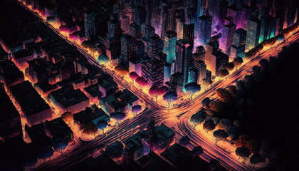 A Vibrant and Colorful City Skyline Seen from Above at Night Created Using Generative Ai