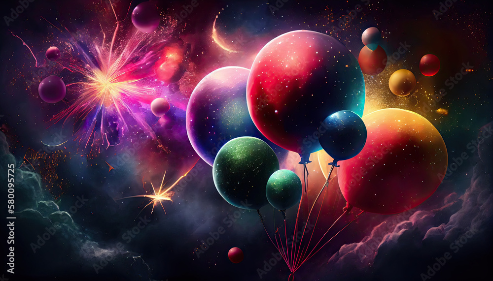 Wall mural celestial celebration: fireworks in space with stars and nebulae created using generative ai