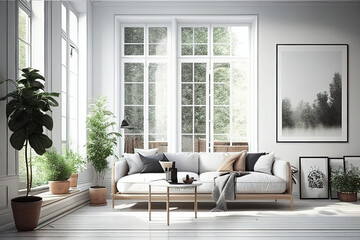 Contemporary sitting room interior with high Regency windows, AI generated.