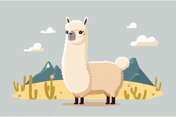 Llama in the desert. Vector illustration in flat style. Cute Cartoon character. Alpaca on the background of cacti and mountains