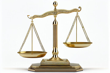 Gold brass balance scale isolated on white background. Sign of justice, lawyer Generative Ai.