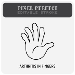Arthritis in fingers thin line icon. Inflammation in joints. Osteoarthritis. Pixel perfect, editable stroke. Vector illustration.