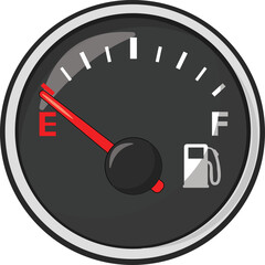 Naklejka premium Fuel gauge indicates low fuel level. Vector illustration of classic gas tank indicator on car dashboard panel. 