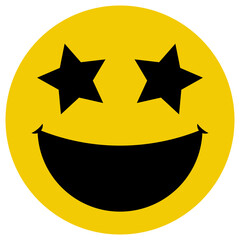 Happy face icon with star eyes, yellow color flat style vector design, funny concept, laughing element object, isolated on white background.