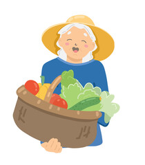 Happy grandmother holding a basket of vegetables. Harvest in a basket.