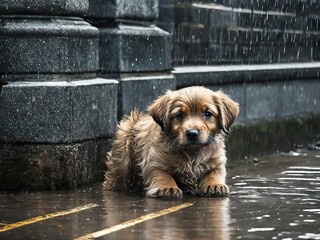 homeless dog, wet dog in the rain. Generative AI