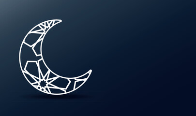 Fototapeta na wymiar white line art moon islamic ornament pattern dark blue background