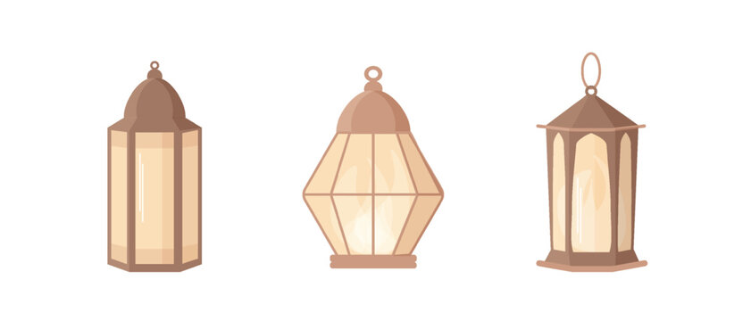 Ramadan kareem lantern set in islamic style. Vector light lamp isolated on white background. Flat eid mubarak illustration. Arabian lantern icon for ramadan design