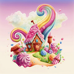 Candy land bright multicolored watercolor house and candy landscape .AI generated.