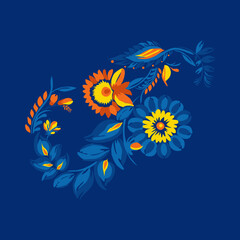 Obraz premium Traditional Ukrainian painting of Petrykivka. Elements of blue and yellow floral ornament. Decorative composition.