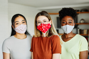 young people friendship friend happy together group cheerful smiling diversity mixed ethnicity diverse black asian african american virus mask protection corona - obrazy, fototapety, plakaty
