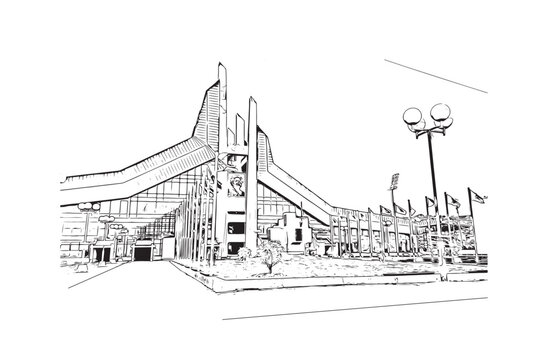 recommend clip art: Building view with landmark of Pristina is the capital and largest city in Kosovo.. Hand draw sketch illustration in vector.
