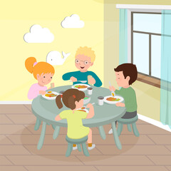 Happy children eat in kindergarten. Two girls and two boys at the table. Kids nutrition concept. Vector illustration for banner, poster, website, flyer.