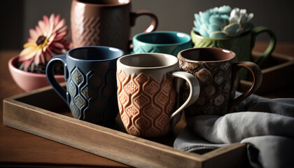 Stylish Coffee Mugs Set with Unique Patterns and Colors on Rustic Tray (created with Generative AI)