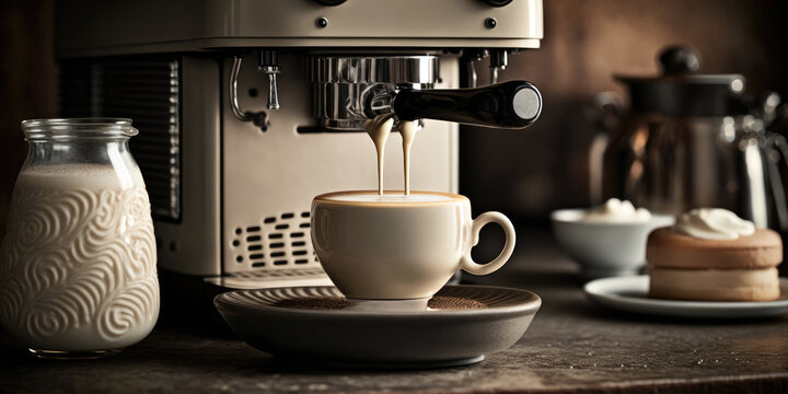 Brew the Perfect Espresso Shot with Espresso Machine and Ceramic Cup (created with Generative AI)