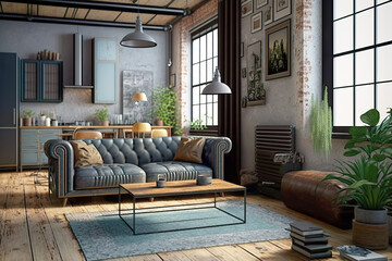 Living room interior in loft industrial style.