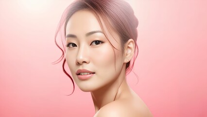 beautiful asian woman beauty skincare with face detailed on pink background, generative art by A.I