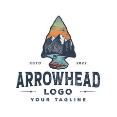 Arrowhead Logo with Mountain and Pine Tree Forest Coloring Vector Drawing, Handrawn, Vintage, Line Art Template on White Background