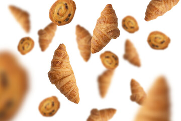 Falling fresh baked croissants with cheese. French pastry concept. Bakery pattern with baked croissant. Fresh baked croissants.