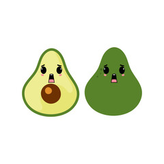 Frightened avocado with kawaii emoji. Flat design vector illustration of avocado on white background