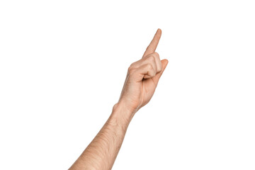 Male hand, index finger pointing up, isolate.