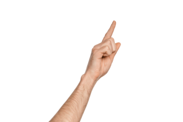 Male hand, index finger pointing up, isolate.