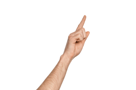 Male hand, index finger pointing up, isolate.