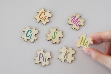 Set of puzzles with the most important macronutrients with colorful inscriptions on a beige background. Ca, Mg, Na, Cl, S, Ph, S, K. Biologically important elements. - obrazy, fototapety, plakaty