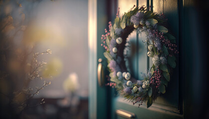 Pretty easter wreath on cottage door
