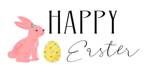 Easter illustration with cute vector chicken symbol. Easter character graphic. Design elements set with cute bunnies and eggs. Lettering Happy Easter, Eggs hunt, Happy Easter.
