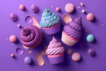 Confectionery. Illustration of cute capcakes on purple background. Generative AI