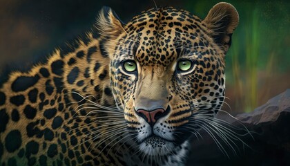 Naklejka na ściany i meble close up portrait of a leopard, feared shock face, full head deep forest color scheme, generative ai
