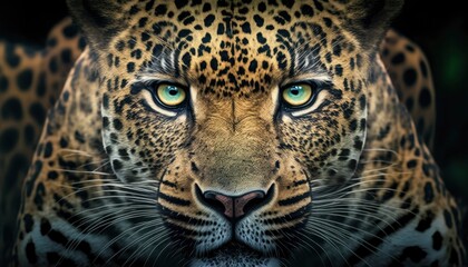 Naklejka na ściany i meble close up portrait of a leopard, feared shock face, full head deep forest color scheme, generative ai