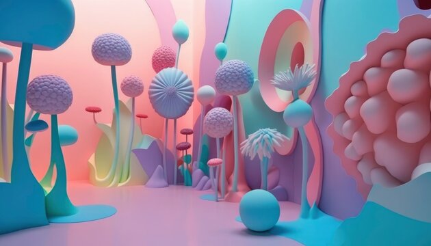 room with flowers, abstract soft pastel colors area, fake colorful plants 3d rendered, generative ai
