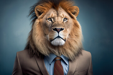 Portrait of a lion in business clothes like a boss made with Generative Al
