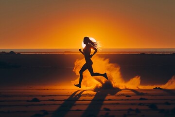 Fototapeta na wymiar Woman running on beautiful summer sunset or sunrise at beach. Generative AI
